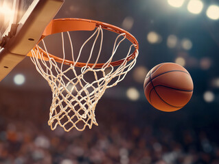 
A basketball hitting the backboard and dropping through the hoop