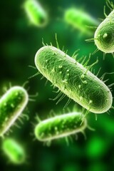 Fototapeta premium Microscopic view of green rod shaped bacteria with spiky protrusions, floating against a dark green background. The image is highly detailed and