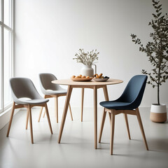 Thin-Legged Dining Chair: A simple Scandinavian-style dining chair with thin wooden legs and a fabric seat.