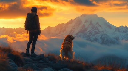 Obraz premium Hiker and dog admiring majestic mountain sunrise, awe inspiring journey