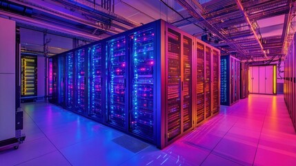 A futuristic data center filled with glowing lights, with racks of servers and advanced network equipment, creating a cutting-edge tech environment.