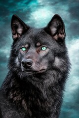 Close up portrait of a black wolf with glowing green eyes, set against a dramatic stormy sky background. The wolf appears majestic and intense