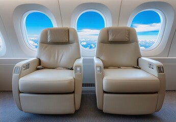 Obraz premium Two beige leather seats in a private jet cabin, offering a luxurious travel experience. Large oval windows showcase a bright blue sky and fluffy