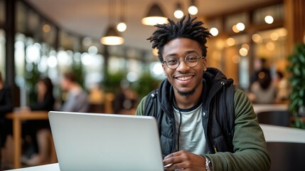 Obraz premium diverse young student smiling with satisfaction while studying on a laptop