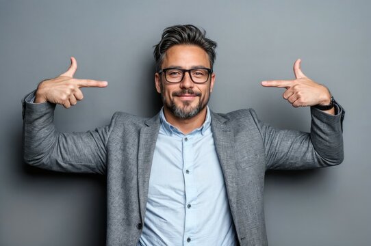 A smart and respectable person is standing with a gray suit jacket