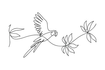 OneLine Drawing Macaw in Flight, Tropical Plants, Nature Art