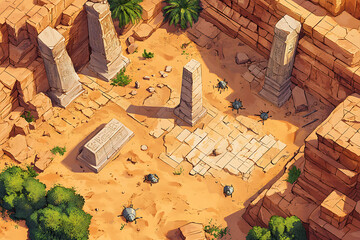 Isometric Battle Map Game Illustrates Desert Terrain with Stone Ruins and Strategic Pathways