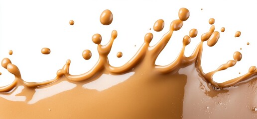 Light brown liquid splashing, creating dynamic wave like patterns against a white background. The texture is smooth with highlights suggesting a
