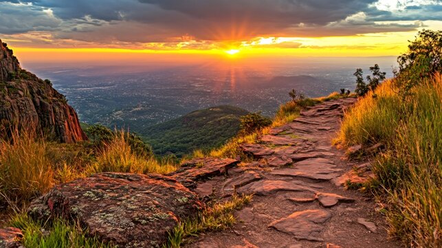 Hiking trail overlooking city at sunset in mount lofty ranges, south australia
