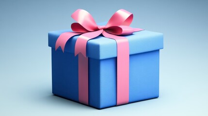 Obraz premium A light blue gift box with a pink ribbon on a light blue background. The box has a textured surface and the ribbon is tied in a bow