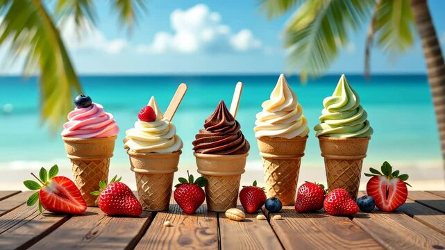 A row of ice cream cones with different flavors and toppings. There are strawberries, blueberries, and raspberries on the table