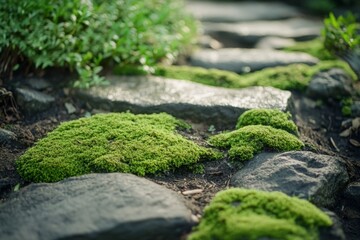 Lush green moss growing on stone pathway in serene garden setting