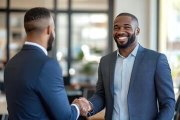 Businessmen shaking hands, office environment