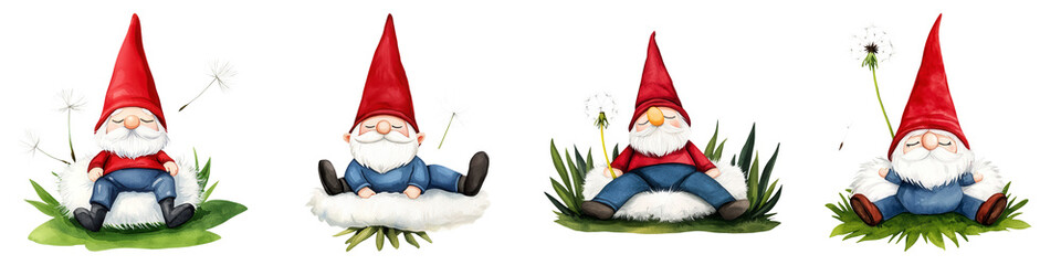 Charming Gnomes Relaxing on Fluffy Dandelion Puffs in Nature
