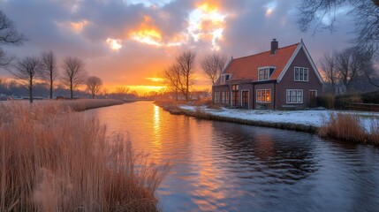 Obraz premium Sunset reflecting on canal by dutch house in winter