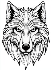 Fototapeta premium Detailed line drawing of a wolf's head, featuring intricate fur details and intense gaze. The monochromatic palette creates a striking contrast