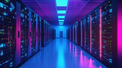 Fototapeta premium A modern data center lit with vibrant lights, featuring rows of servers and advanced networking devices in a high-tech, organized environment.