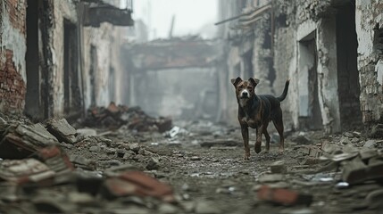Dog walks amidst rubble-strewn, ruined buildings.