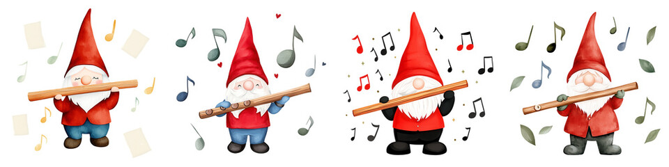 Joyful gnome playing wooden flute surrounded by musical notes © monta