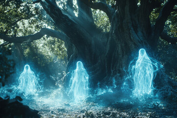 Three ethereal ghostly figures glow with a blue aura in a mystical forest, emanating an eerie yet enchanting presence near an ancient and majestic tree.