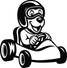 A cute Cartoon dog driving a go-kart premium silhouette vector illustration, Cartoon dog driving a go-kart line art vector icon design