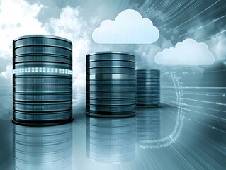 Futuristic data storage servers with cloud computing elements against a digital backdrop