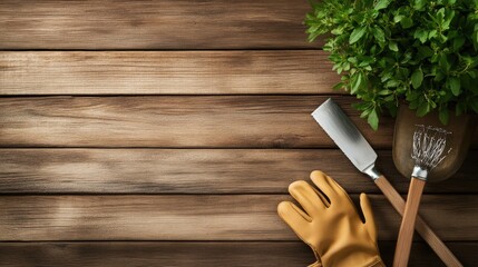 Garden tools and gloves rest on a wooden terrace, alongside vibrant potted plants basking in the sunlight of a pleasant afternoon