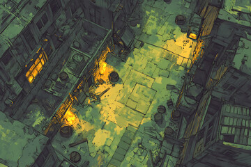 Fototapeta premium Isometric Battle Map Illustration of City Grid with Green and Yellow Colors and Light and Shadow Detail