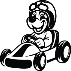 A cute Cartoon dog driving a go-kart premium silhouette vector illustration, Cartoon dog driving a go-kart line art vector icon design