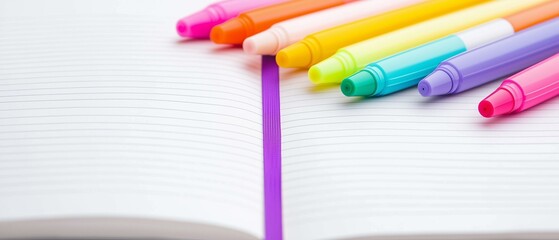 Obraz premium Colorful markers on a notebook with a decorative line.