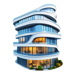 Modern architectural building with unique spiral design and glass facade against clear blue sky isolated on transparent background..