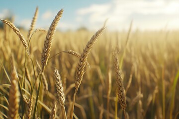 Fototapeta premium Golden wheat fields under a clear blue sky during a sunny day in late summer