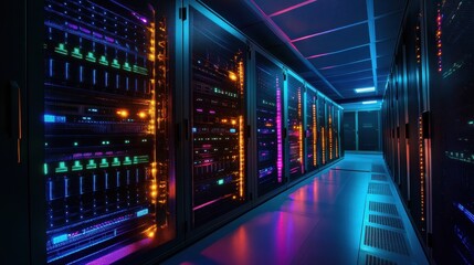 Fototapeta premium Rows of servers in a high-tech data center, illuminated by colorful lighting, displaying the modern complexity of network systems and technology.