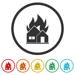 Fire in burning house icon. Set icons in color circle buttons