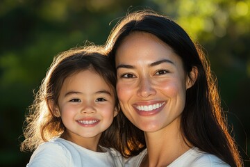 Fototapeta premium Smiling mother and daughter embrace warmly, showcasing joy and c