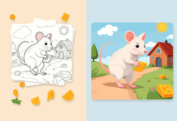Cartoon mouse with cheese, unfinished drawing next to colorful art