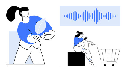 Person holding a leaf, another sitting near a shopping cart using a smartphone, blue soundwaves. Ideal for sustainability, technology, eco-friendly concepts, digital lifestyle, modern life, online