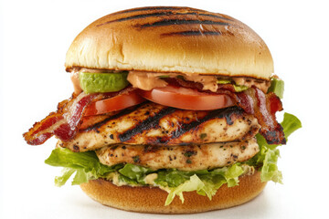 Delicious grilled chicken sandwich with crispy bacon, fresh lettuce, juicy tomato slices, and creamy sauce on a toasted bun.