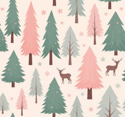 Obraz premium Christmas trees and deer with pink, green and white background