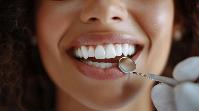 Smile, teeth and tools with woman at dentist for oral hygiene or dental care appointment closeup. Checkup, healthcare and mirror with happy patient in chair at clinic for cleaning or medical exam