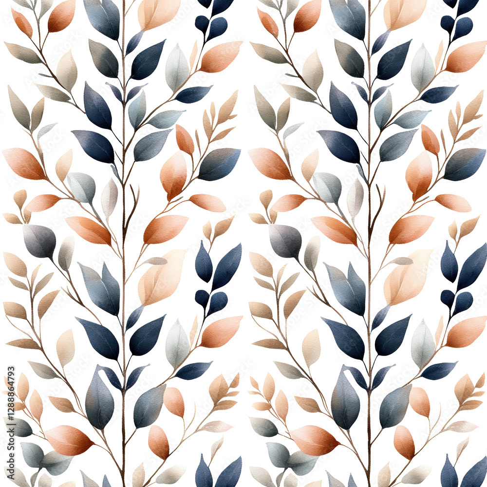 Poster seam pattern featuring leaves and branches in a repeating design for textile or wallpaper use isolat