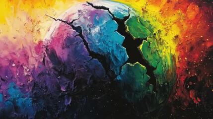 Rainbow sphere fractured, vibrant, cosmic chaos.