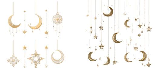  Set of hanging crescent moon and stars transparent background PNG
