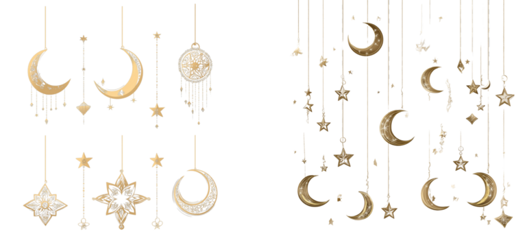  Set of hanging crescent moon and stars transparent background PNG