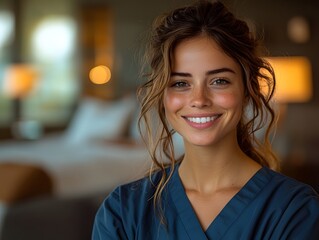 Fototapeta premium Serene Portrait of Caring Therapist Offering Warm Supportive Smile with Soft Cushions and Cozy Background