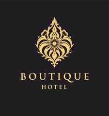 Elegant Gold Boutique Hotel Logo on Black Background