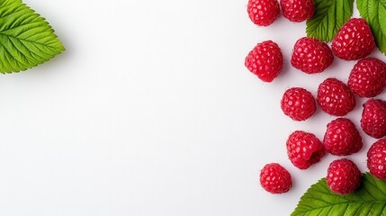 Fresh raspberries with green leaves on a white background. High angle, close up view with copy space