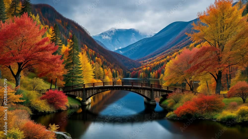 Poster a bridge spans a river in a forest. the bridge is surrounded by trees and rocks. the water is calm a