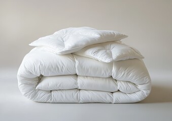 Folded white comforter and pillows on plain background
