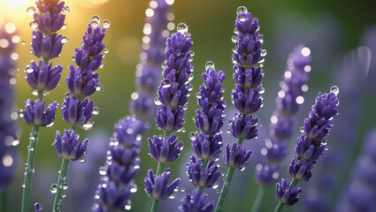Fototapeta premium Raindrops on leaves and flowers, showcase nature's beauty.
